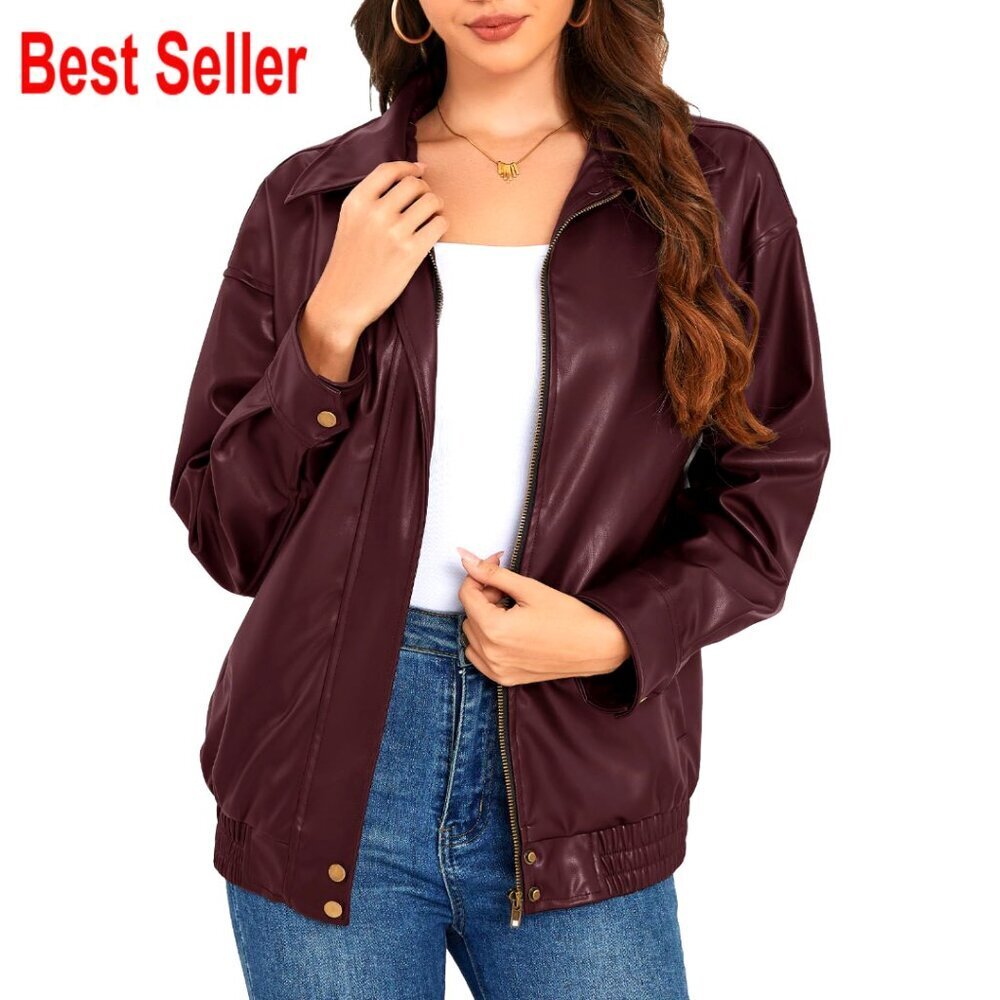 Oversized Faux Leather Bomber Jacket with Pockets, Zip Up